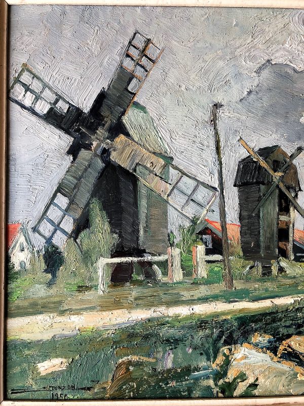 Swedish landscape windmills oil on canvas image
