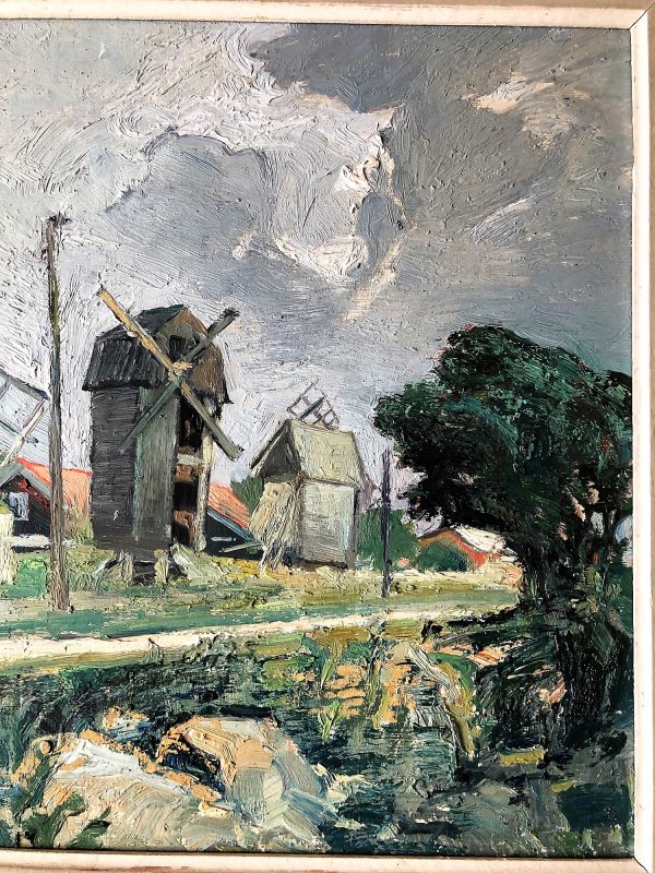 1950s Swedish landscape oil painting windmills image