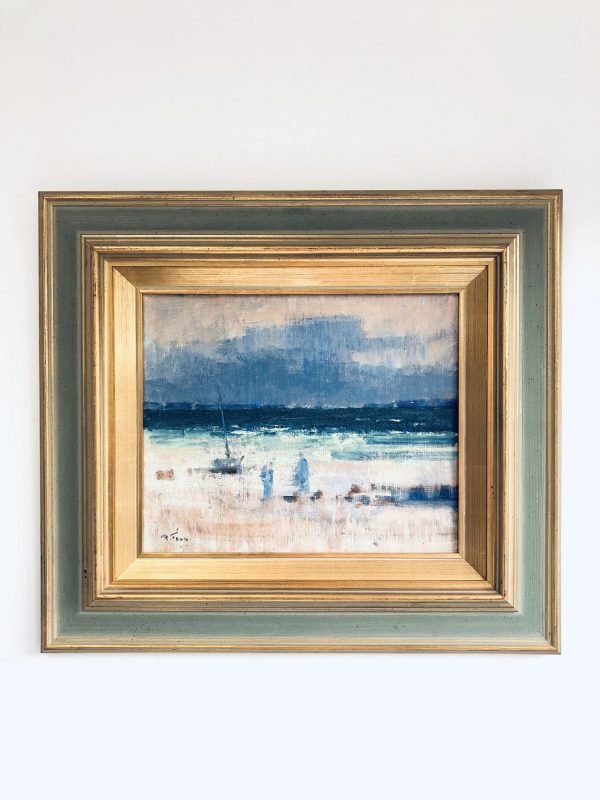 vintage original framed Swedish coastal landscape oil painting image
