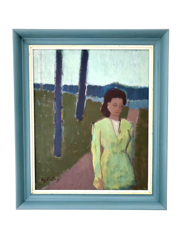 Vintage-swedish-oil-painting-stig-sandberg-woman-on-a-walk-image