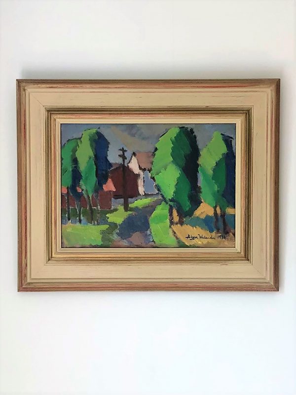 Swedish-oil-painting-village-trees-and-houses-image