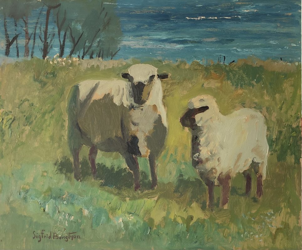 Swedish mid-century oil painting of sheep