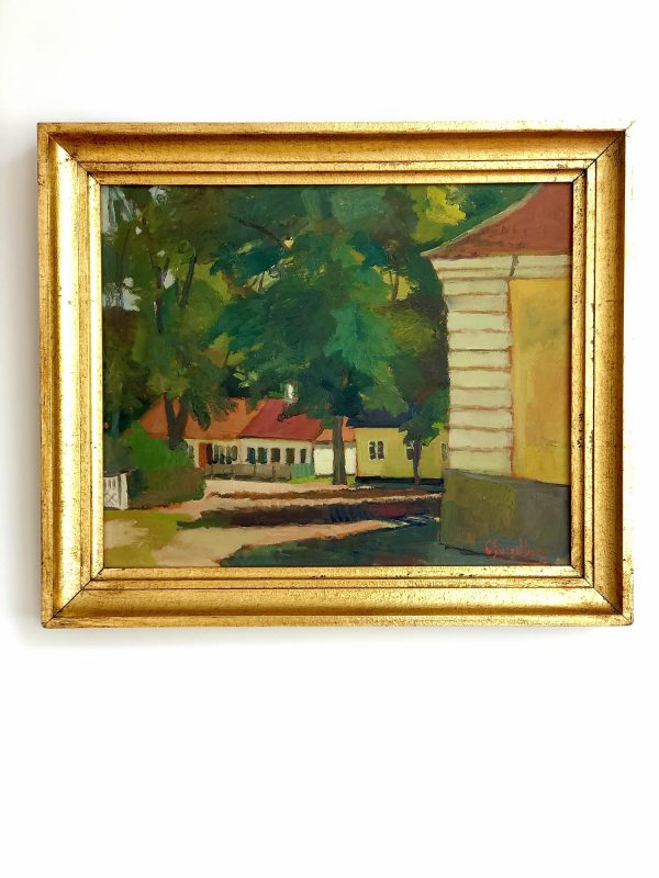 Swedish oil painting of colourful houses and trees